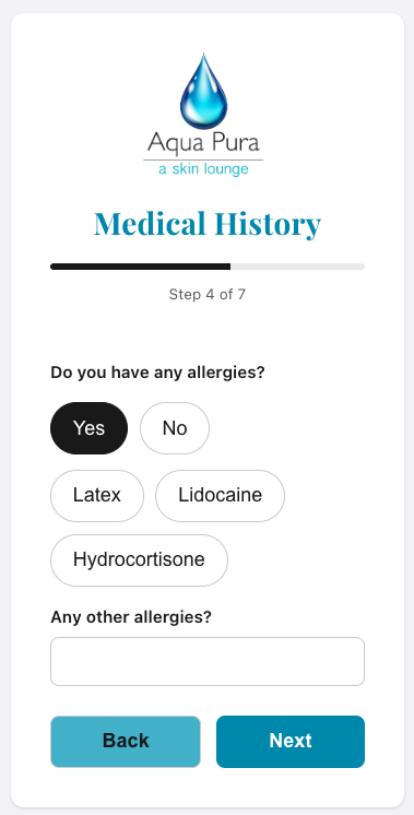 Aqua Pura digital intake form asking about allergies, step 4 of 7